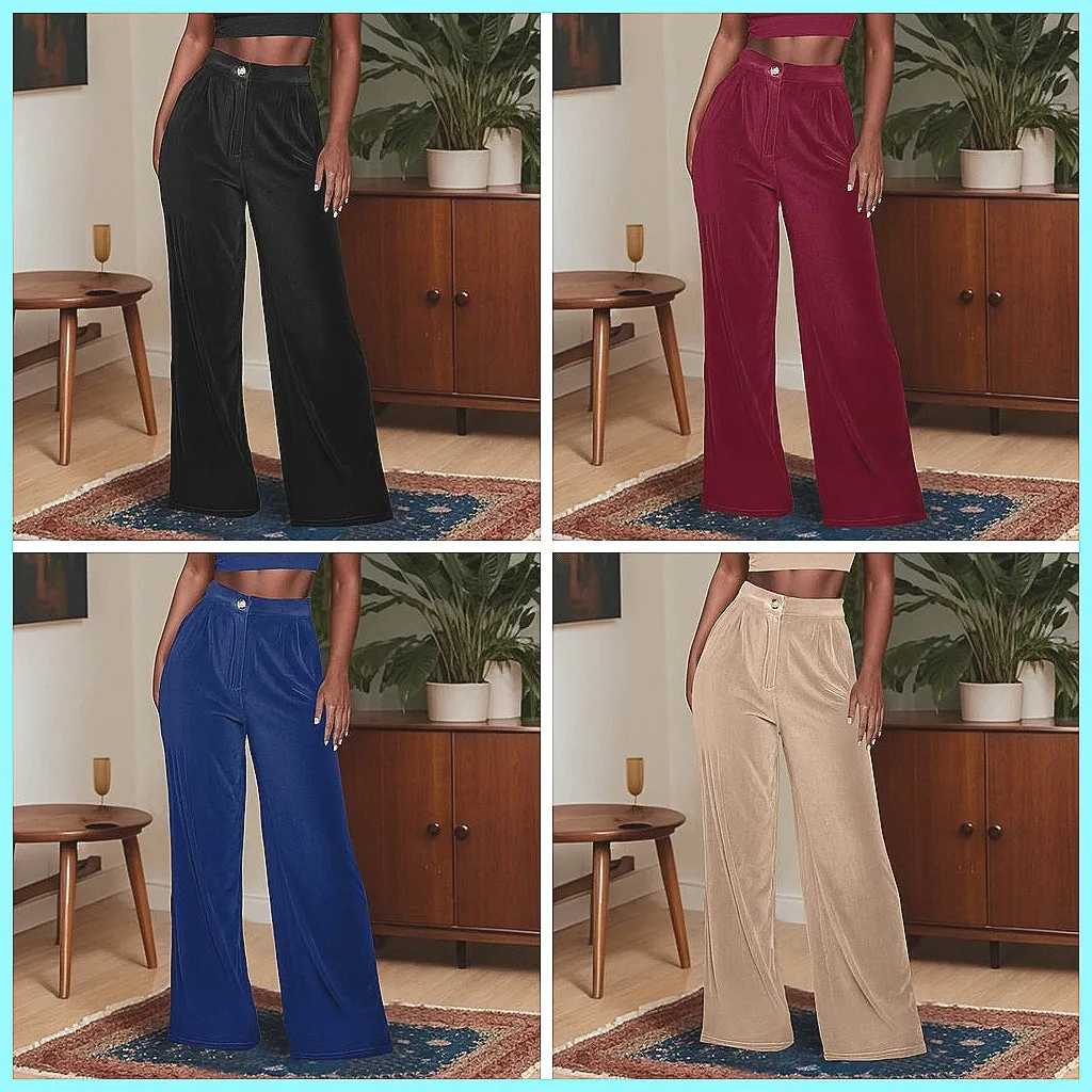 

Women's High Waisted Velvet Palazzo Pants - Retro Wide Leg, Flowy & Solid Color Loose Trousers with Drawstring