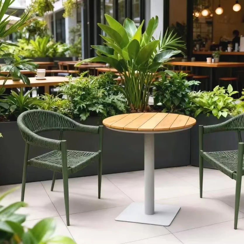 Light Brown Round Aluminum Outdoor Table - Waterproof Rust-Proof for Home Patio & Hotel Resort Garden Use