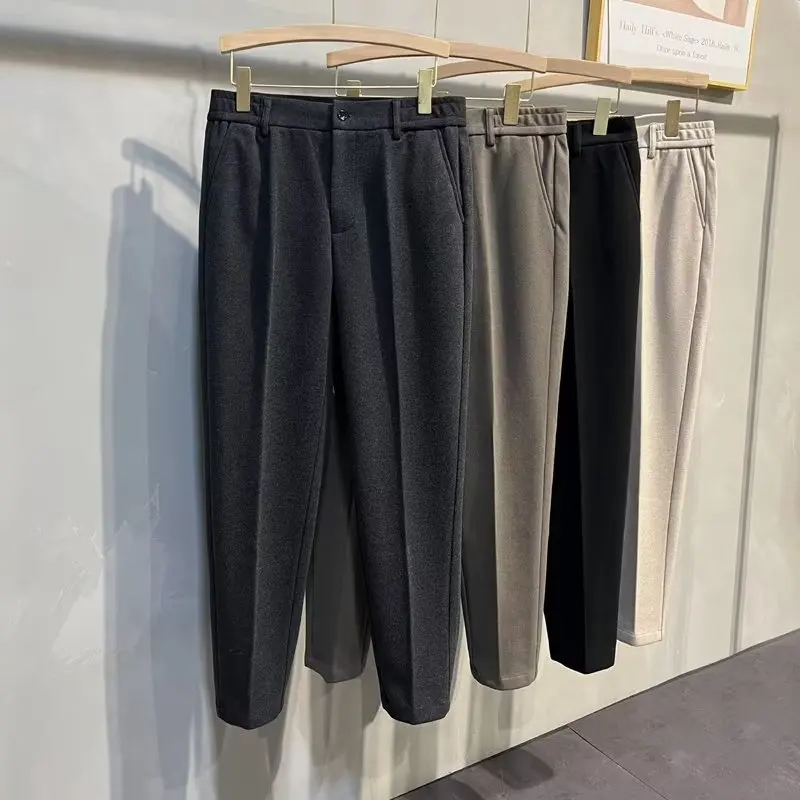 

Мужские шерстяные повседневные брюки Thiened со средней талией, прямые длинные брюки, осенне-зимние теплые брюки West с девятью точками