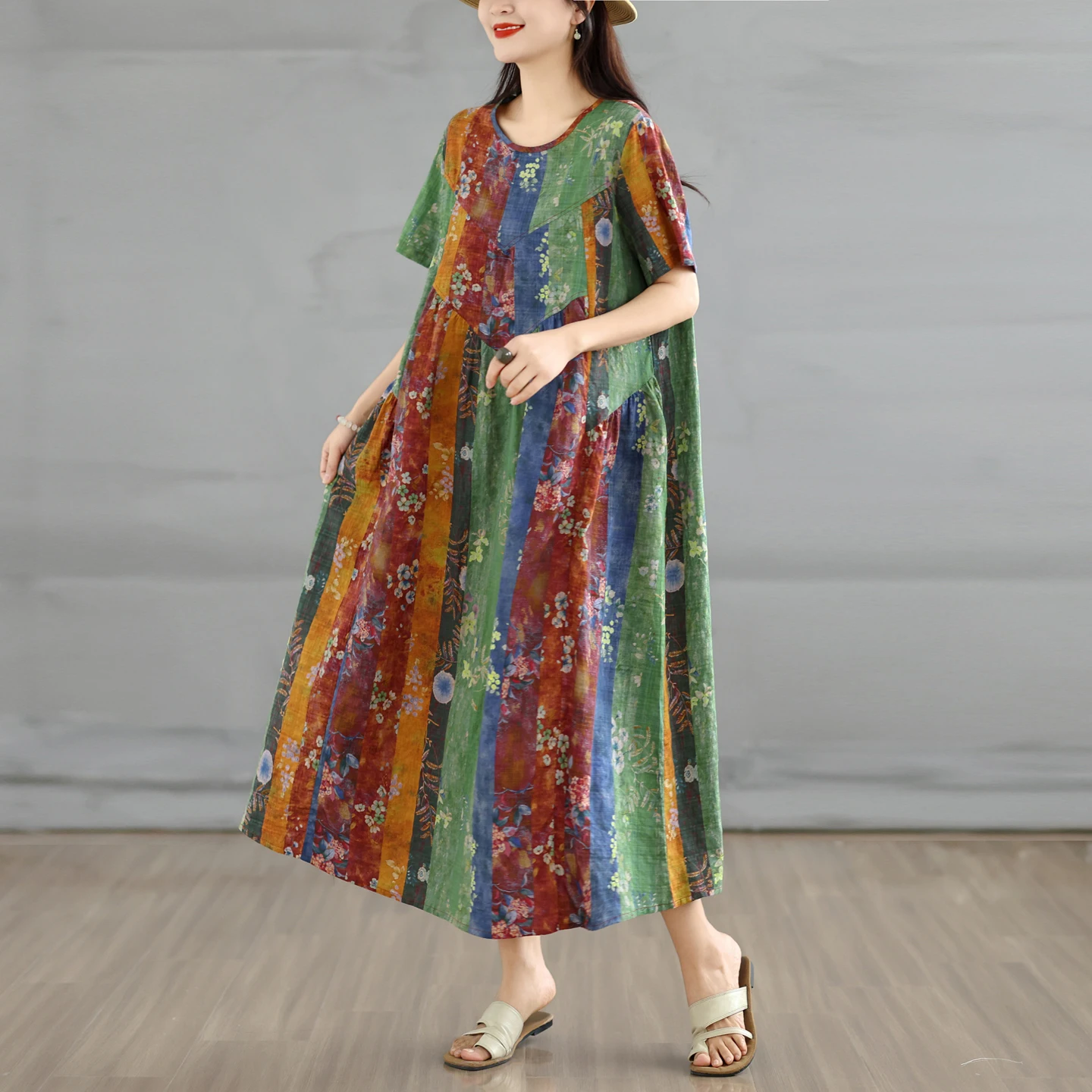 

Summer New Vintage Bamboo Fiber Loose round Neck Short Sleeve Dress Women's A-Line Skirt Comfortable Fit Citywalk Dress