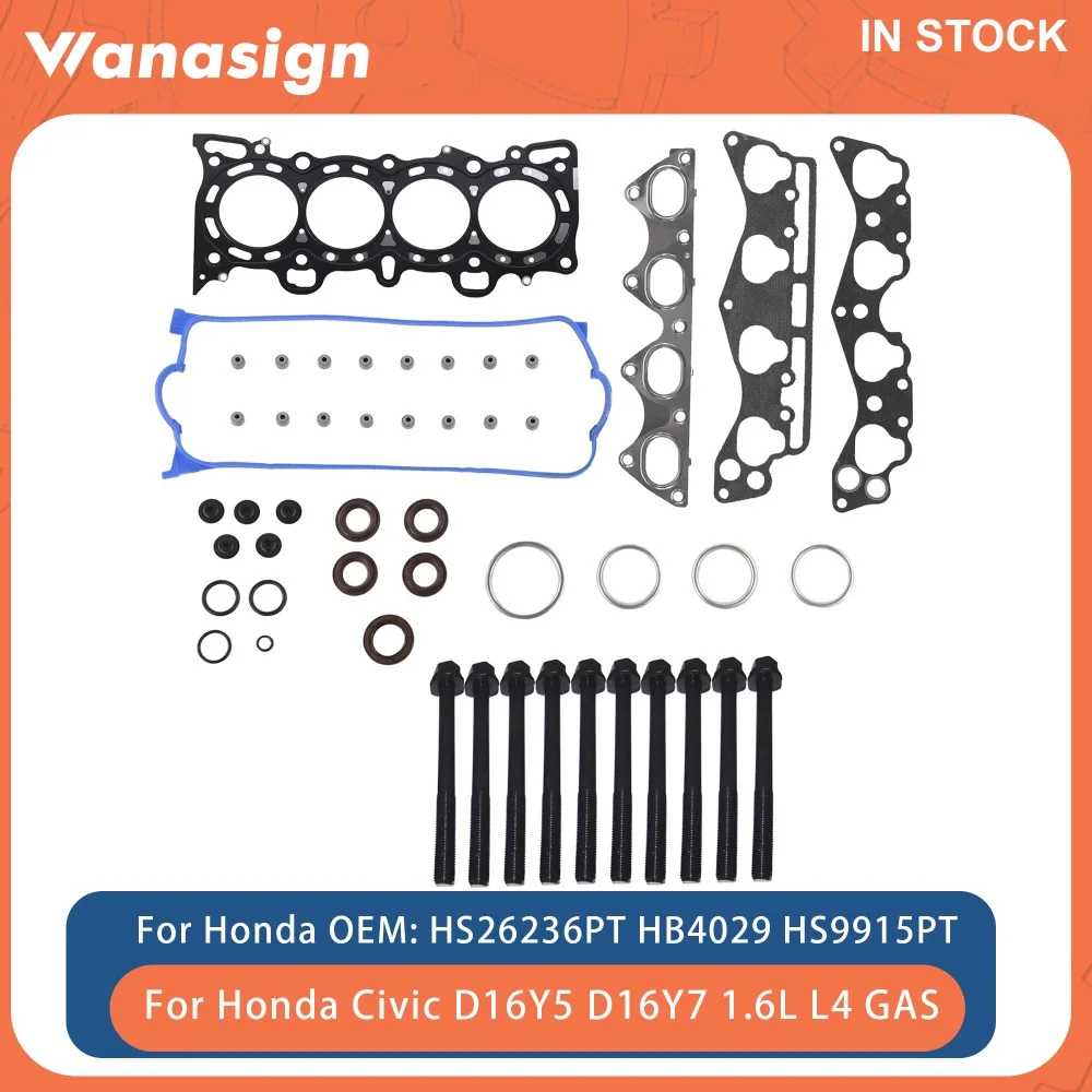 

Полный комплект прокладок двигателя и комплект болтов головки блока цилиндров подходит 1,6 л для Honda Civic LX D16Y5 D16Y7 1,6 л 96-00 L4 ГАЗ DNJ HGB297