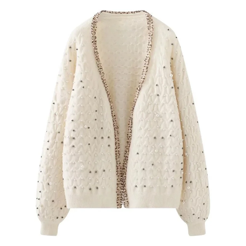 Beading Jacquard Knit Cardigan Sweater Women Sweet Basic Tops 2024 Autumn Long Sleeve V-neck Elegant Fashion Ladies Jumper