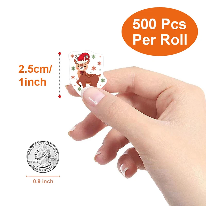 500Pcs/Roll Heterotypic Christmas Elks Reindeers Stickers 10 Designs 2.5cm/1.0'' Beautiful Merry Christmas Decals DIY Labels