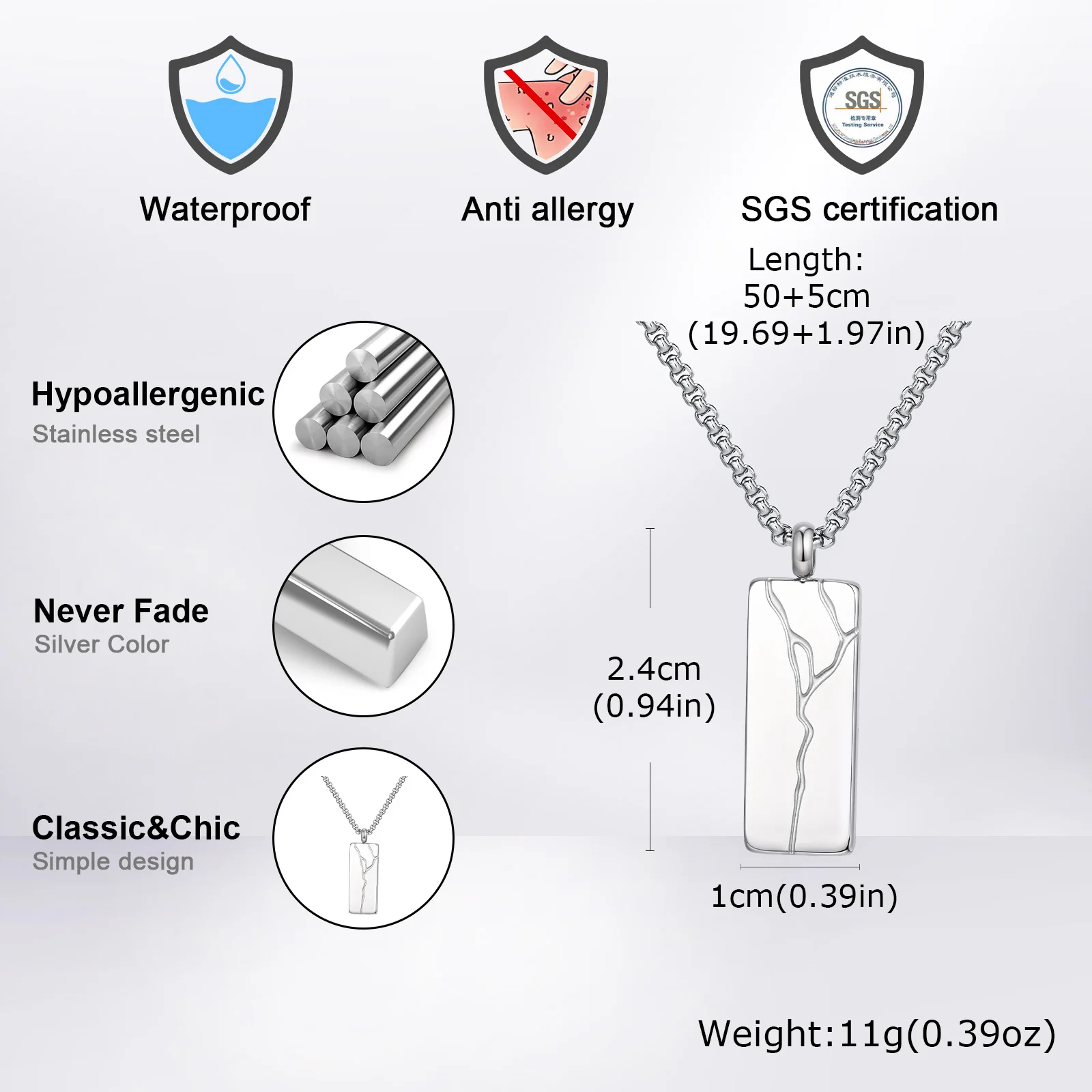 Vnox Cracked Square Pendant Necklace,  Adjustable Length Chain Pendant, Black Stainless Steel Jewelry Gifts for Men Husband Son - Image 4