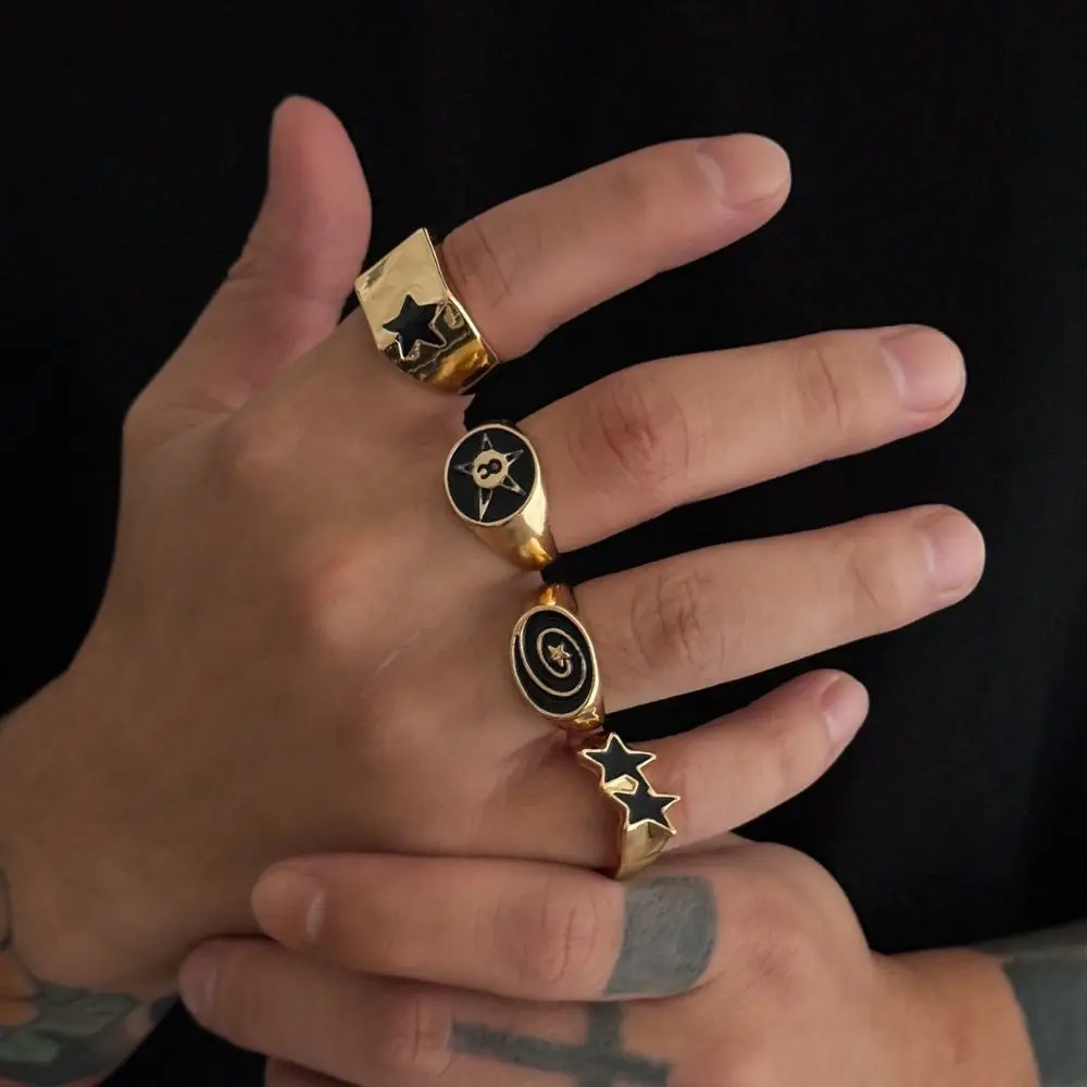 4pcs Irregular Design Geometric Open End Rings Bold Design Black Five-Pointed Star Punk Couple Rings Wide Opening