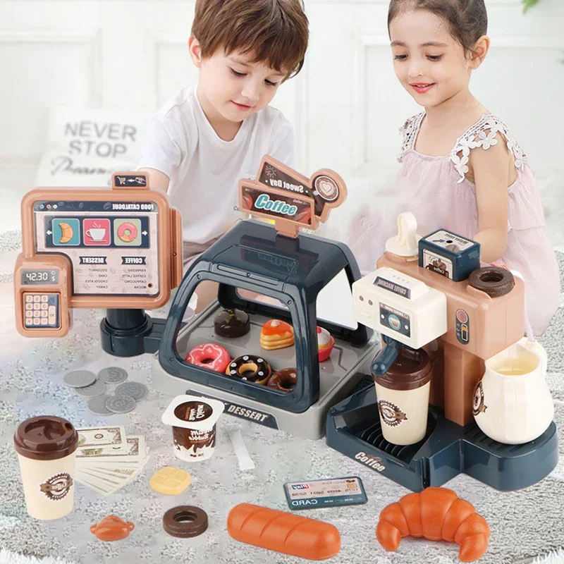 Kids Coffee Machine Kitchen Toy Set Simulation Food Bread Coffee Cake Pretend Play Shopping Cash Register Toys For Children Gift