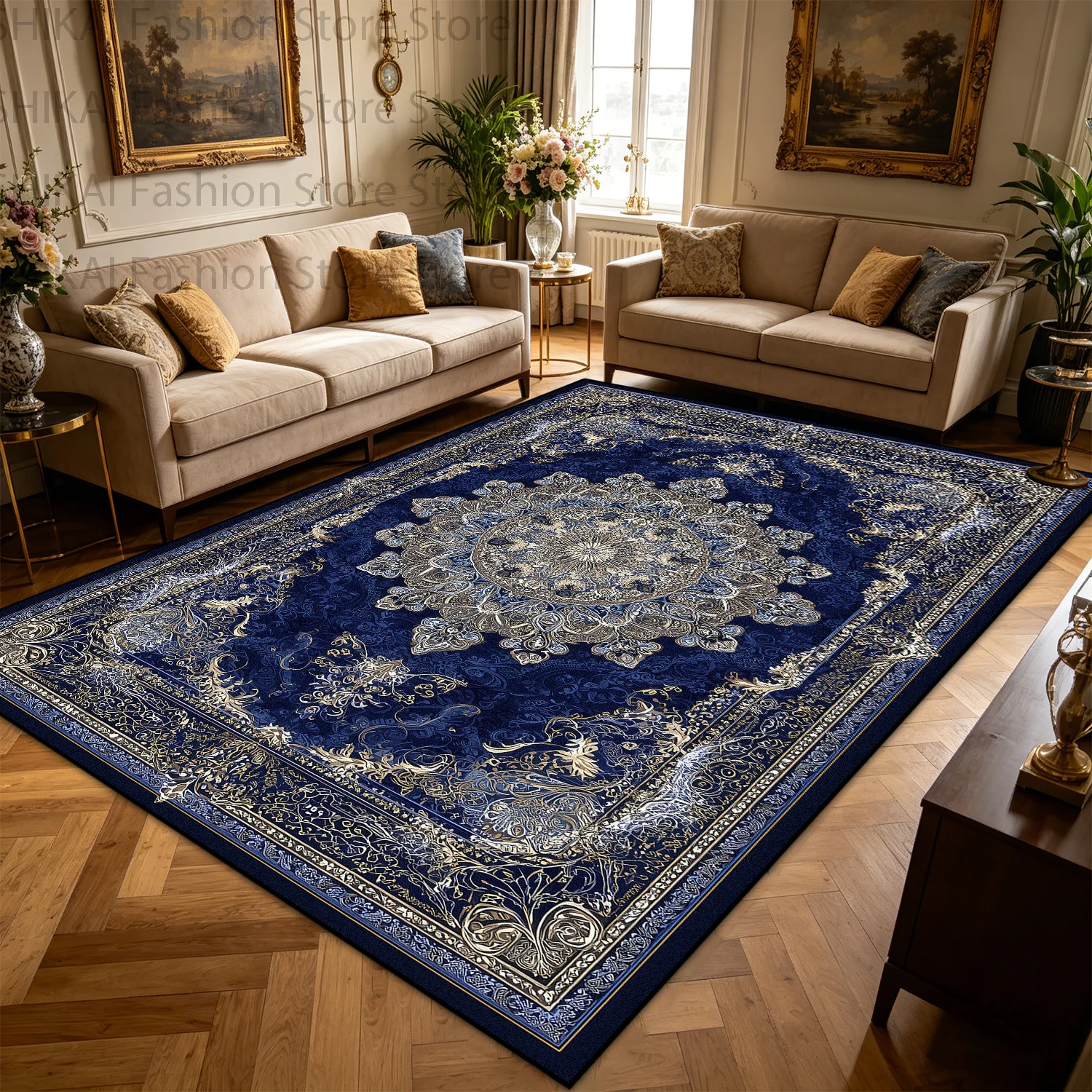 Light Luxury Persian Retro Living Room Carpet Non-slip Soft Foldable Coffee Table Rug Machine Washable Easy Clean Large Room Mat