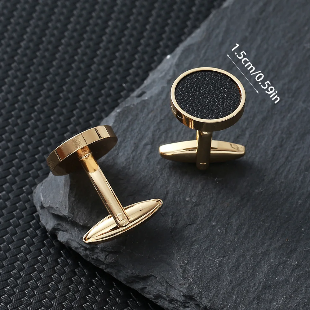 Classic Round Faux Leather Cufflinks for Men Matte Black Leather Inlay Metal Cuff Links Business Formal Shirt Sleeve Groom Gift