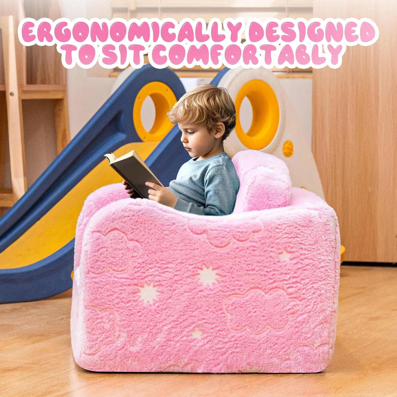 Glow-in-the-Dark Toddler Couch, Foldable Kids Sofa for Playroom, Convertible to Loveseat with Long-Lasting Comfort