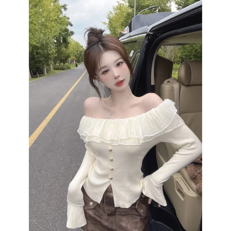 Women's Spring Autumn Blouse One-shoulder Shoulder Knit Ruffle Flared Sleeves Solid Color Slim Simple Loose Design Soft Niche