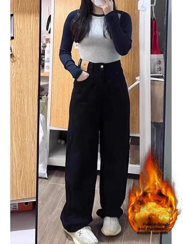 

plus Size American Black Fleece Lined Thick Straight Leg Jeans Women's Autumn Winter High Waist Loose Slimming Wide Leg Pants