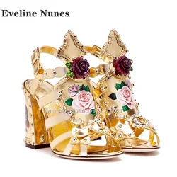 Rose Rhinestone Rivet Golden Sandals Open Toe Chunky Heels Flower Print Buckle Strap Rome Heels Heavy Work Big Size Luxury Shoes