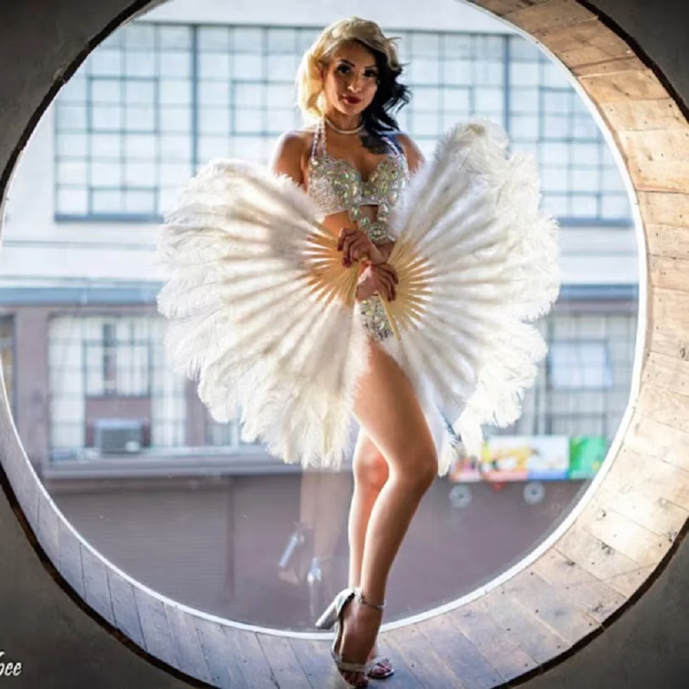 

13 Bars Large Real Ostrich Feather Fans Fluffy Plumes Folding Fan for Carnival Party Stage Opera Holding Props Decor Accessory