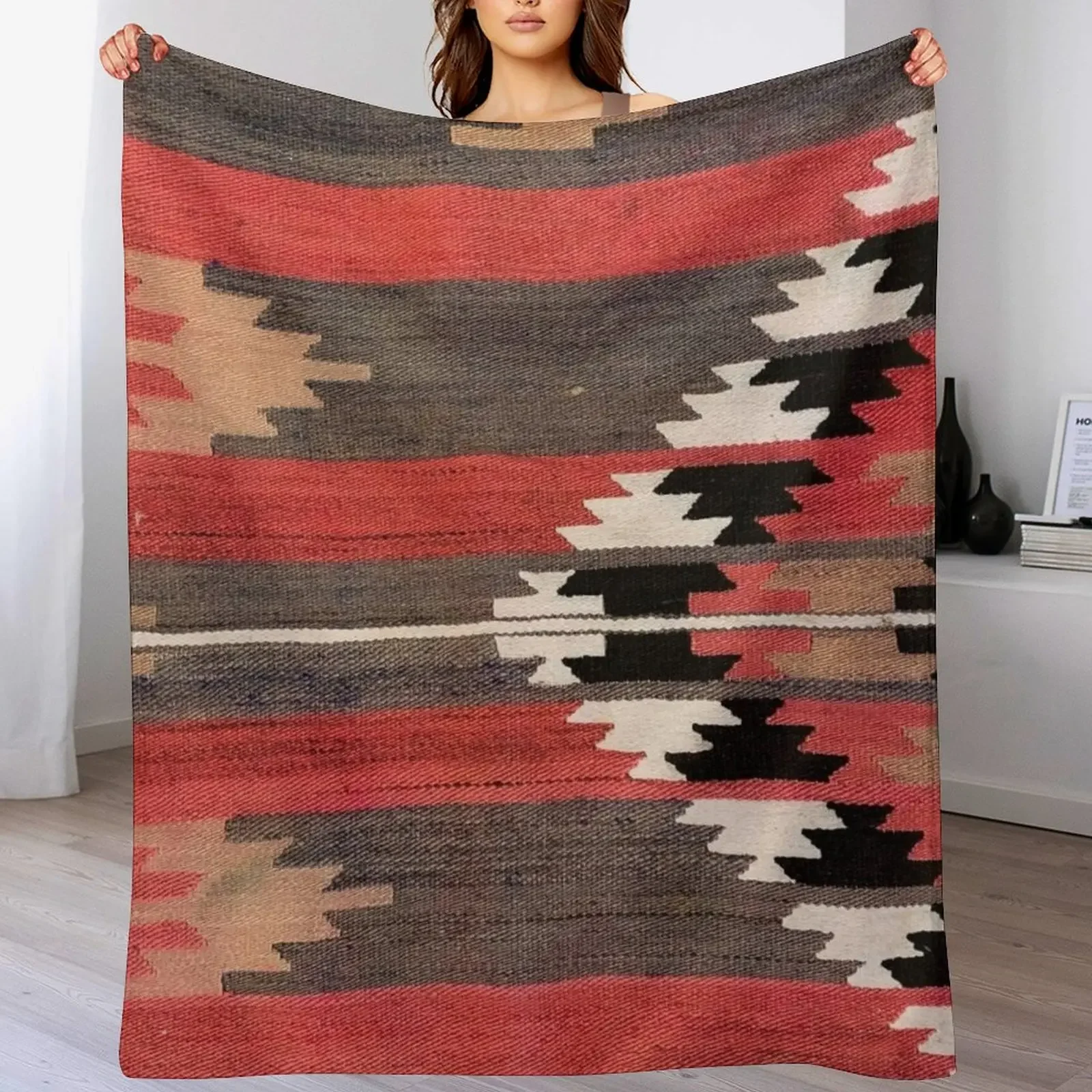 

Geometric Vintage Turkish Kilim, Navaho Weave, Woven Aztec Textile, Kelim Throw Blanket blankets and throws Blankets