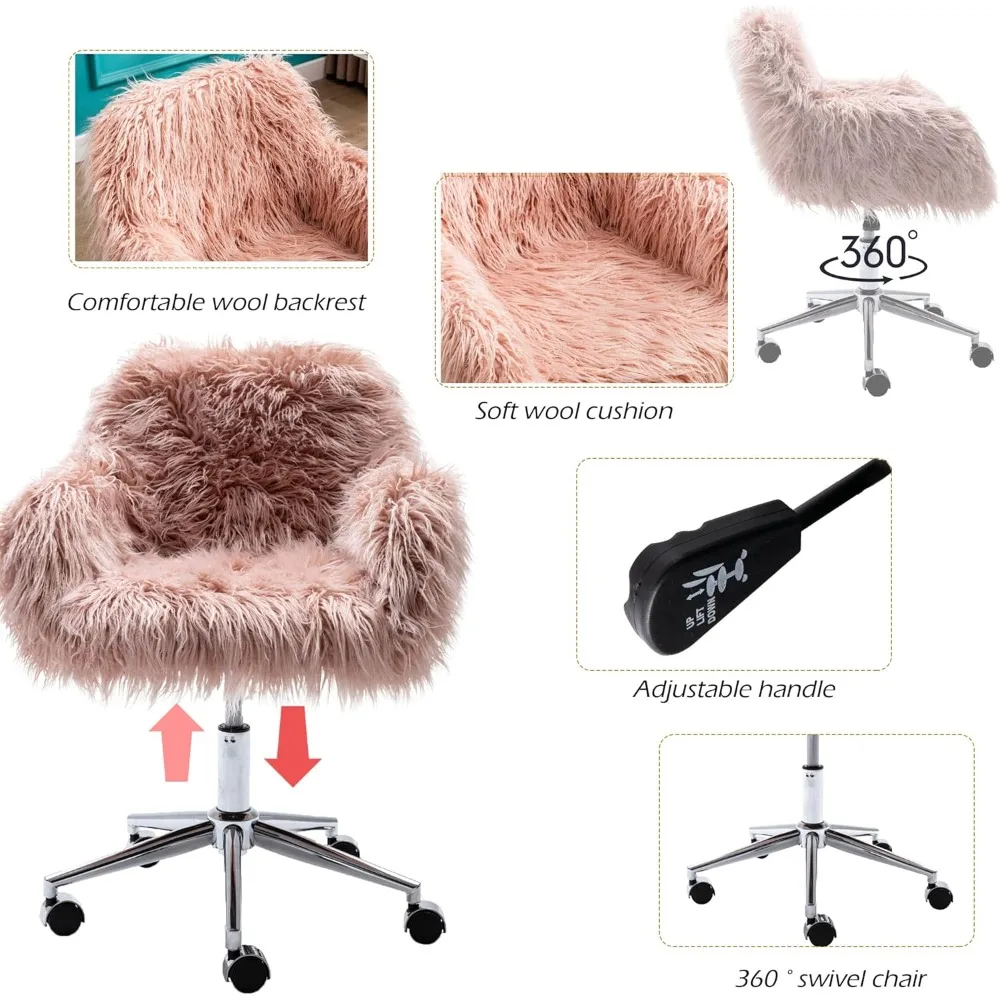 Fluffy Office Desk Chair, Faux Fur Modern Swivel Armchair with Wheels, Soft Comfy Fuzzy Elegant Accent Makeup Vanity Chairs