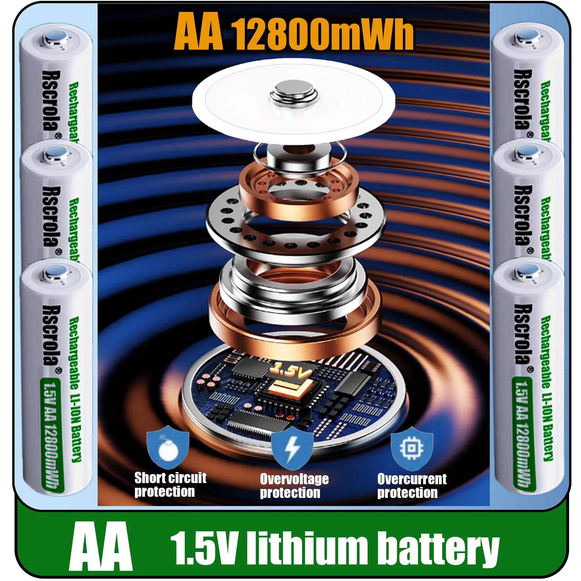 Rscrola قابلة للشحن 1.5 فولت AA 12800mWh بطارية أيون الليثيوم شحن سريع مع شاحن لساعة كامير مروحة ماوس ألعاب كهربائية