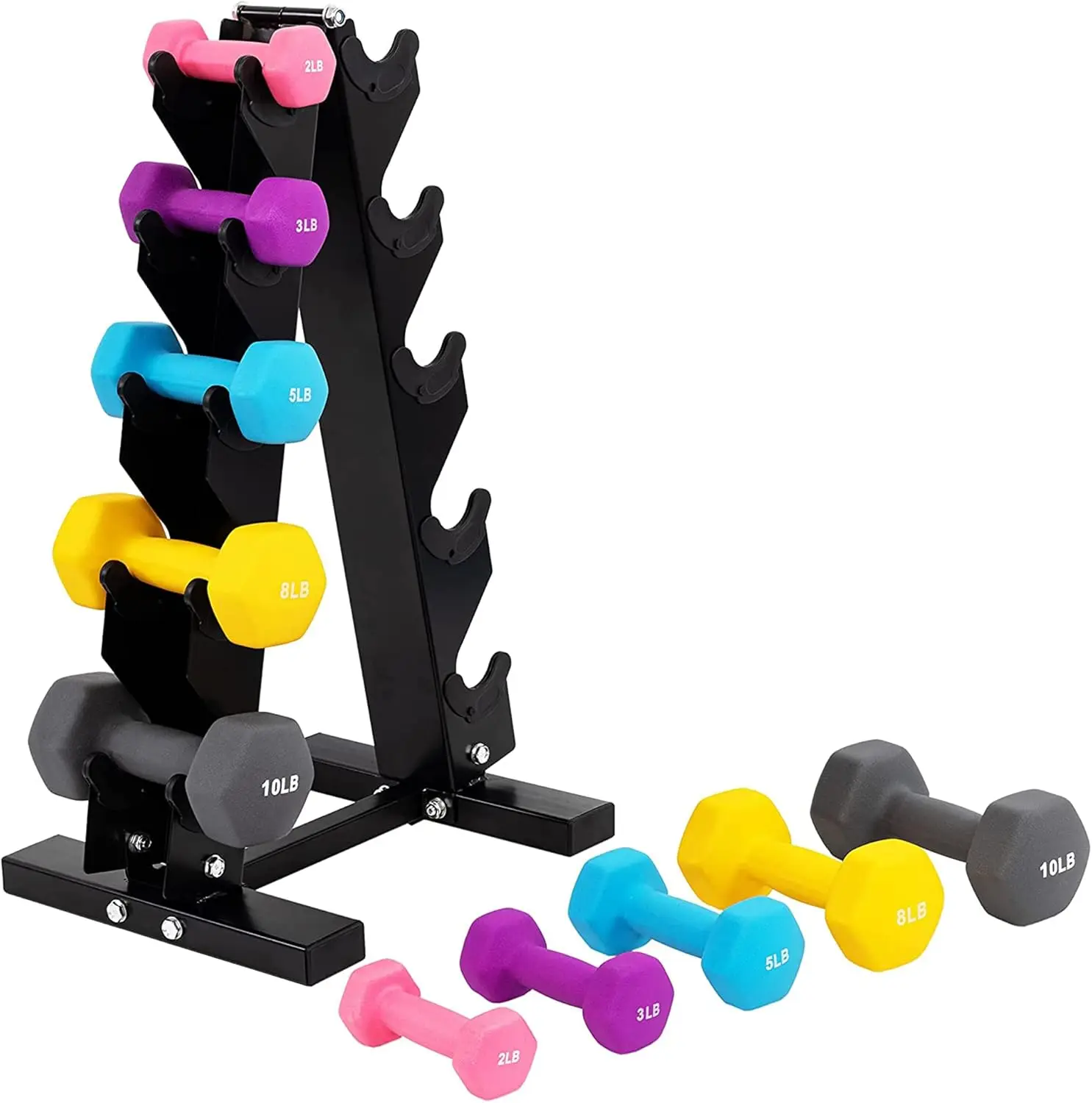 

Multi-Color Black Neoprene Coated Hexagon Dumbbell Set with Stand, Multiple Sizes，Neoprene coating on weights allow secure grip