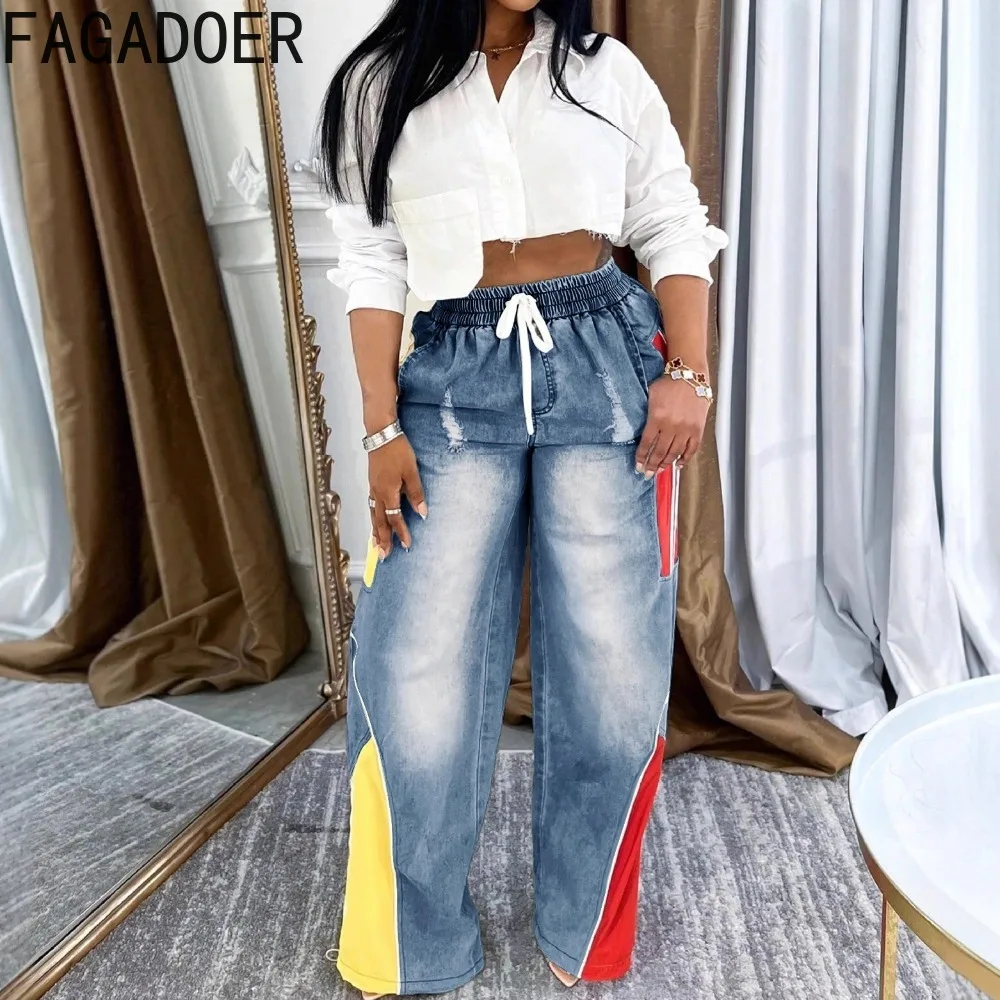 FAGADOER Autumn New Fashion Color Block Denim Pants Women Color Block Drawstring Patchwork Straight Leg Pants Female Streetwear