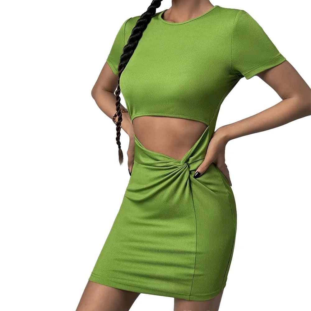 Green Knit A-line Dress Spring Summer Fashion Dress Hollow Out Solid Color Dress O-neck Short Sleeve Dress for Female 2023