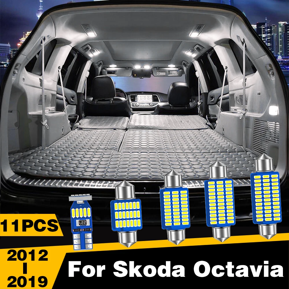 11 Pcs White Ice-Blue Color LED Highlight Car Interior Dome Reading Light Roof Lamp For Skoda Octavia 2012-2019 Accessories