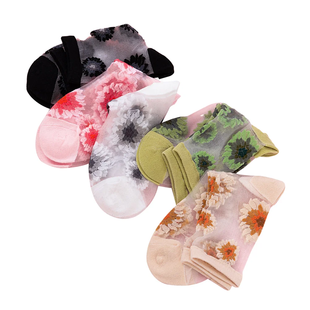 5 Pairs Transparent Socks Sheer Women for Diced Lace Ankle Summer Nylon Flower Mesh Women's