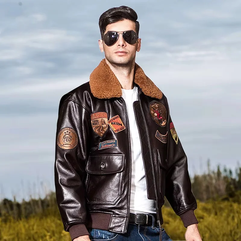 Dark Brown Winter G1 Leather Jacket Men Military Style Europe Size Genuine Natural Thick Cowhide Warm Paratrooper Flight Coat