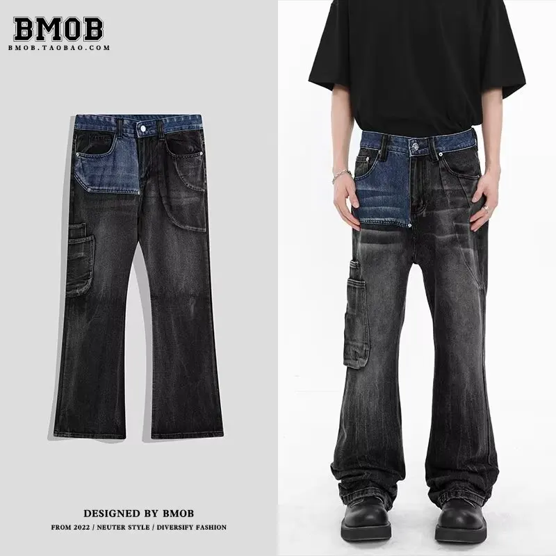 Celana Jeans Patchwork Hitam Biru Model Baru Berkualitas Tinggi, Model Micro Flared, Nyaman, Bahan Denim Stretch untuk Pria dan Wanita