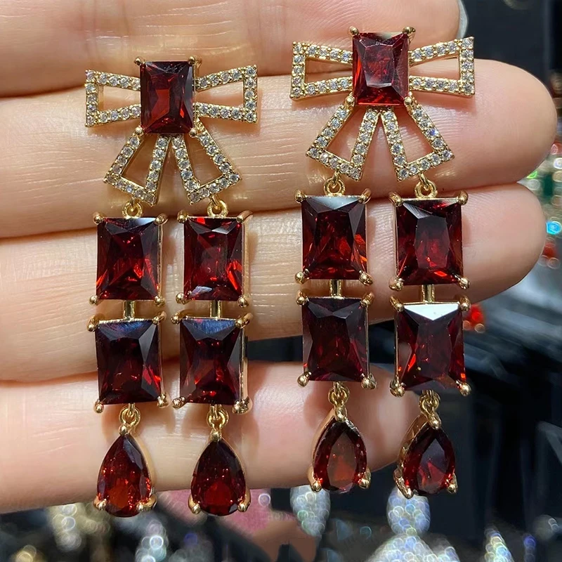 Long Dangle Earrings for Women Wedding Evening Party Luxury Jewelry Purple Red Small Block Drop Earrings Bowknot