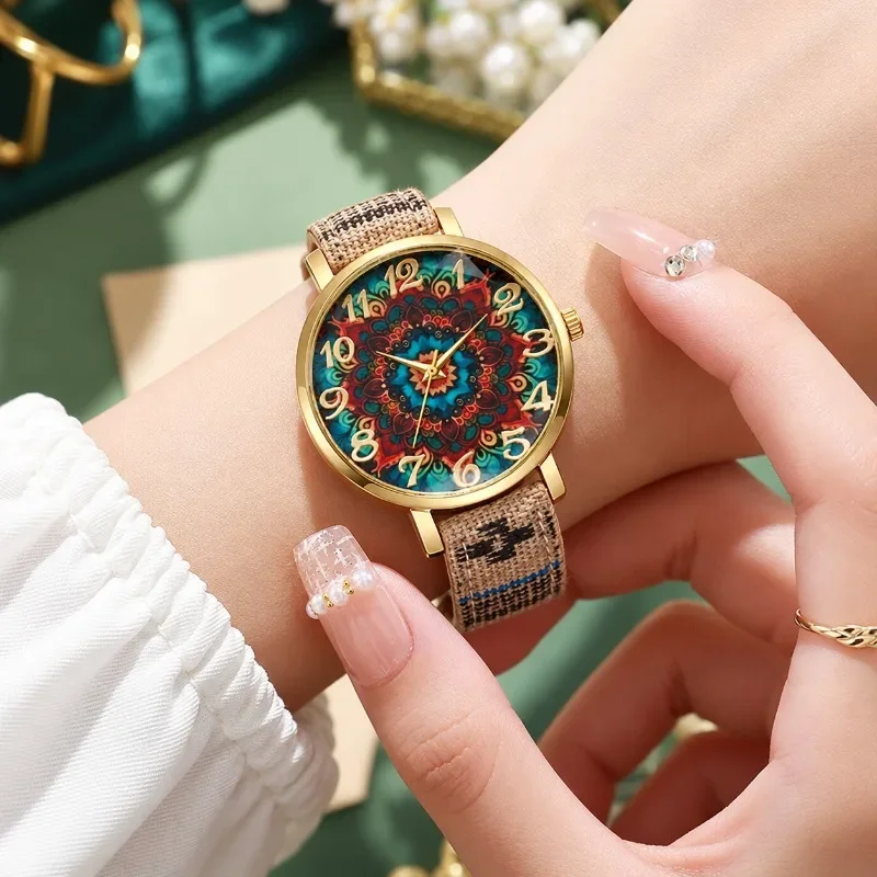 Vintage Women's Wristwatch Light Luxury Floral Printed Quartz Ladies Watch Fashion Elegant Female Clock Gift Relogio Feminino
