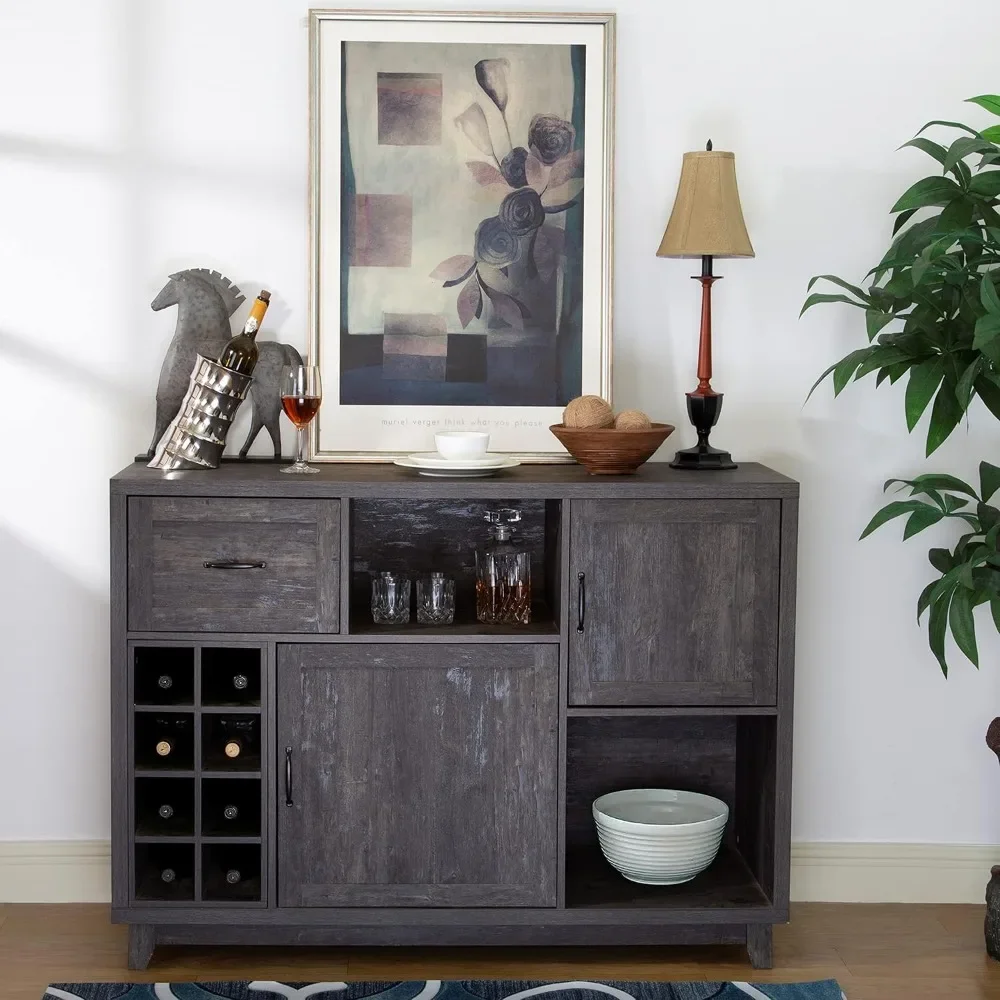 52”W Wine Cabinet with Wine Racks, Open Shelves and Drawer, Industrial Sideboard Storage Cabinets, Large Bar Cabinet