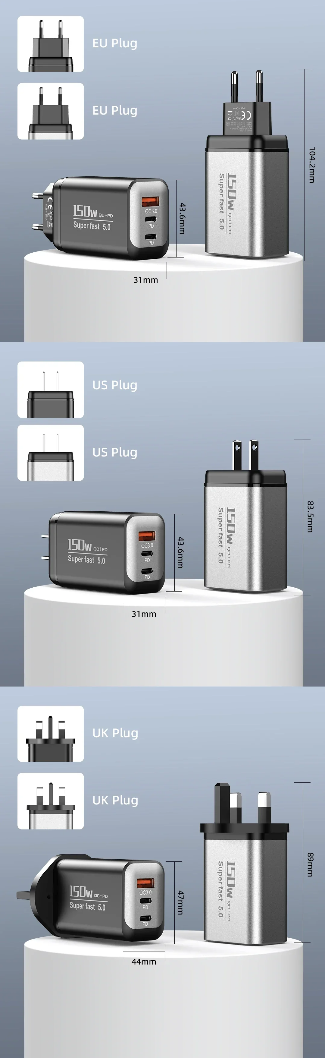 150W Type C Charger Fast Charging Phone Charger Power Adapter For iPhone Samsung Xiaomi EU/US/UK Plug Quick Charge Wall Charger