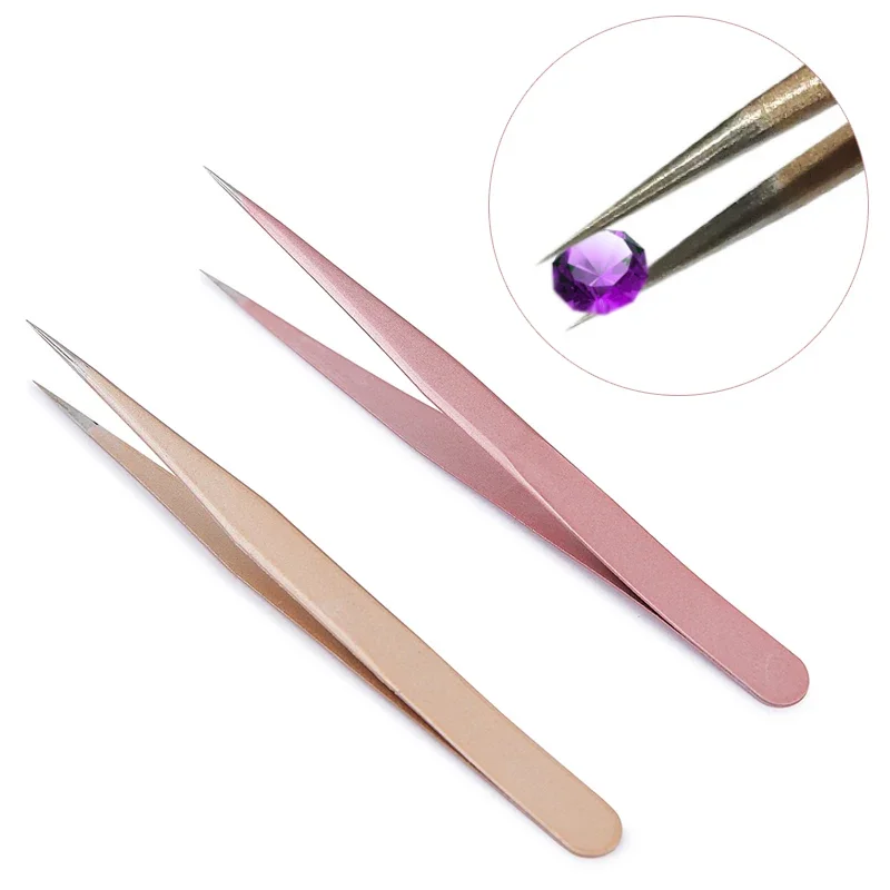 1Pc Rechte Pincet in Champagne Rose Goud voor Nail Art Steentjes Picking Tool Wimper En Gem Decor
