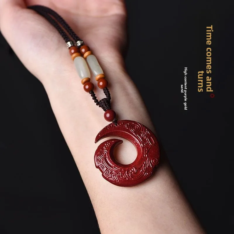 Chinese Style High Purity Cinnabar Good Luck Pendant Necklace Retro Carved Auspicious Blessing Adjustable Rope Unisex Benming