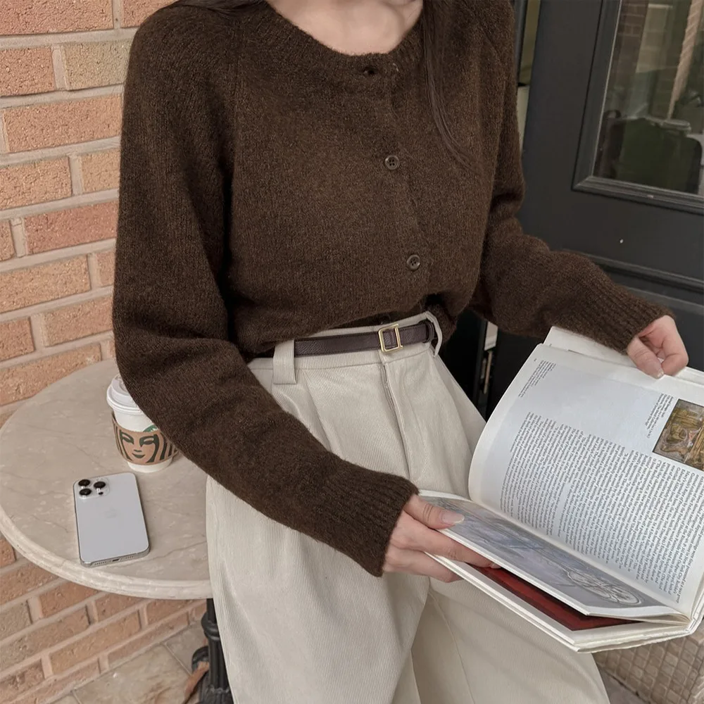 

Korean Style Long Sleeve Knitted Sweater Coat Thick Pure Color Single Button Women's Spring Cardigan Top Quality Fashion Ladi...