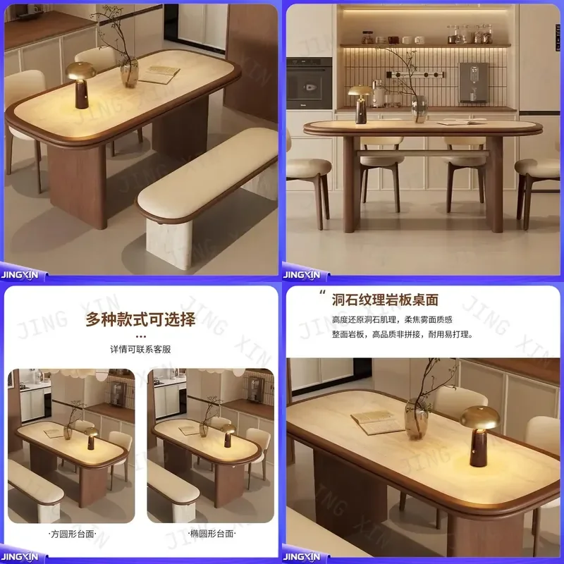 custom for Medieval travertine rock slab solid wood dining table and chair set household rectangular black walnut design