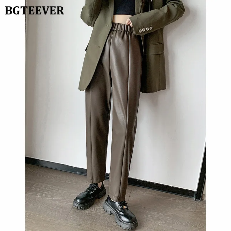 

BGTEEVER Elegant Thicken Warm Ladies PU Leather Pants Winter Elastic Waist Loose Fleece PU Harem Pants Women