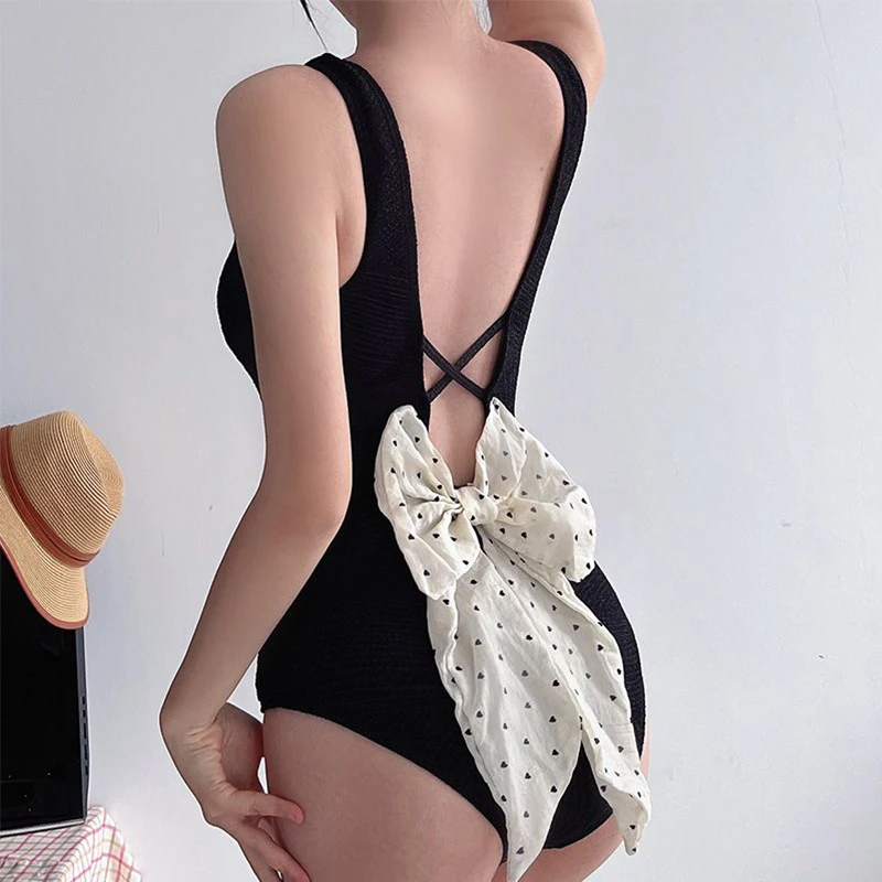 2023 Sexy One Piece Tankini Plus Size Swimwear Women Black Bow Monokini Swimsuit Push Up Bathing Suit Beach High Waist Bodysuit