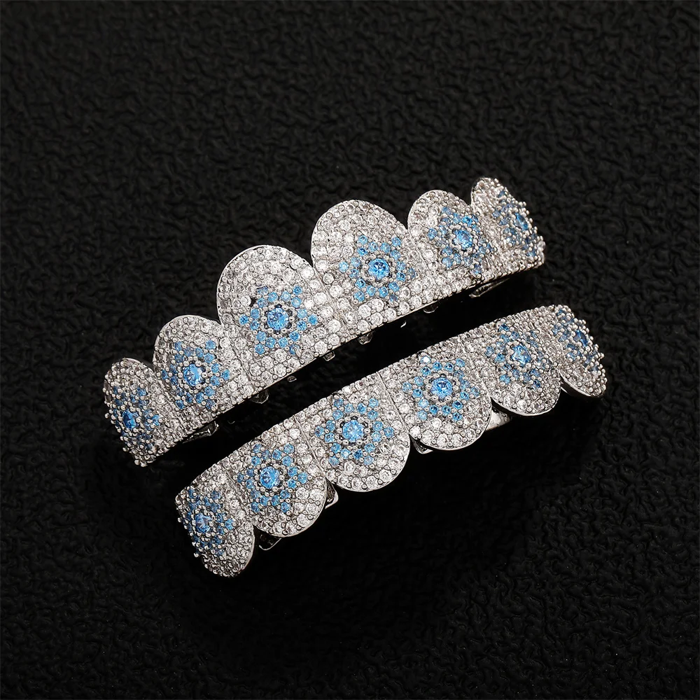 Anztilam Blue Star Grills Iced Out Grillz Tooth Grill Men Women Hip Hop Tooth Grills Caps Brass Fashion Jewelry Free Shipping