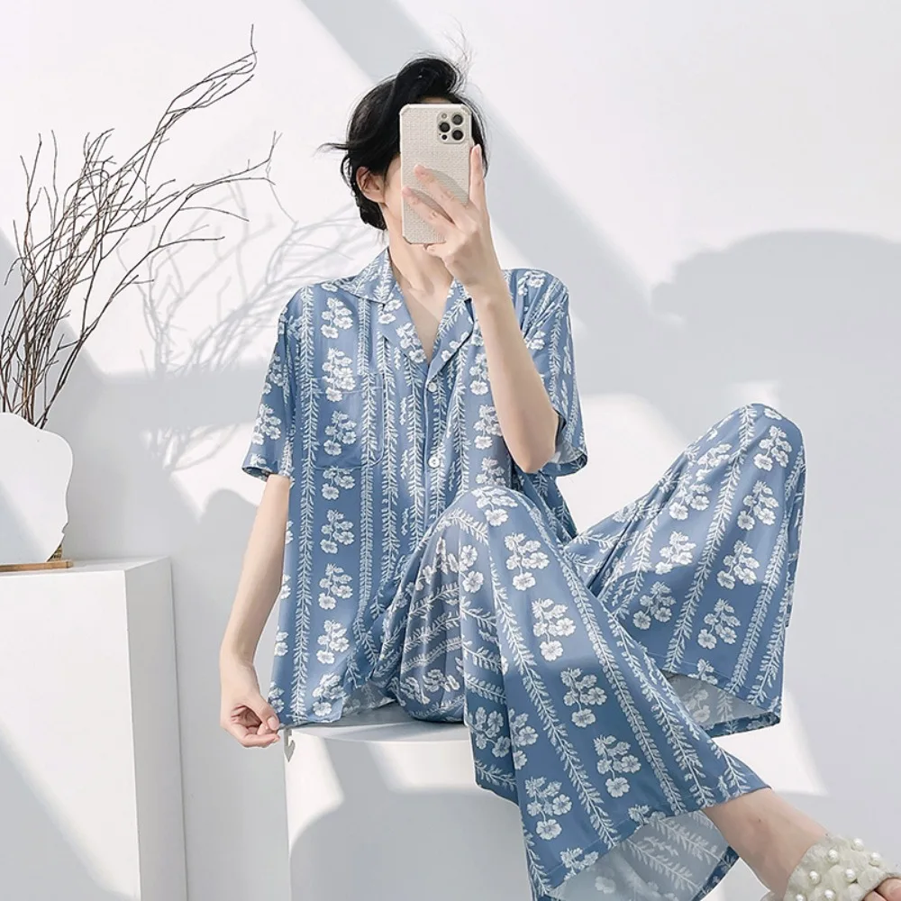 Floral Pajamas Woman Summer Night Wear Ladies 2 Piece Pijama Cardigan Lapel Short Sleeve Homewear Loungewear Home Suit 2026 New