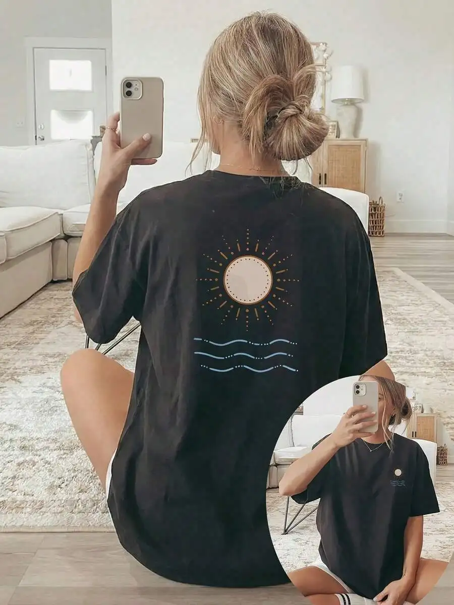 Women's Spring Summer Loose Fit Crew Neck Short Sleeve T-Shirt, Double-Sided Sun & Wave Graphic Print, Casual Beach Daily Outfit, Cute Gift For Ocean Sunshine Style Lovers