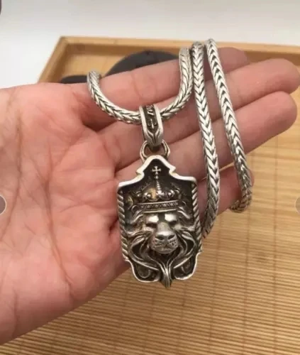 Chinese Miao Tibetan Silver Necklace+Lion Head Pendant Gift