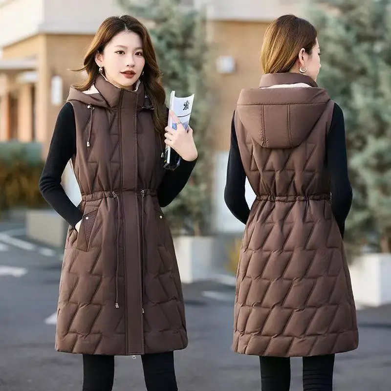 2026 Winter Down Cotton Sleeveless Vest Women Warm Hooded Mid Long Jacket Casual Female Waistcoat Fashion Outerwears