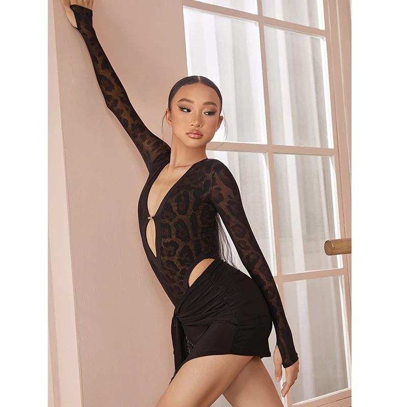 

Girls ZYM Latin Dance Clothes Leopard Tops Long Sleeves Bodysuit Black Skirt Kids Rumba Practice Cha Cha Performance Dress S1742