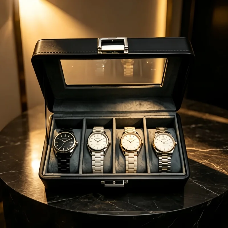 

Compact 4 Slot Watch Box for Men, Lockable Portable Travel Watch Display Organizer + Storage Bag
