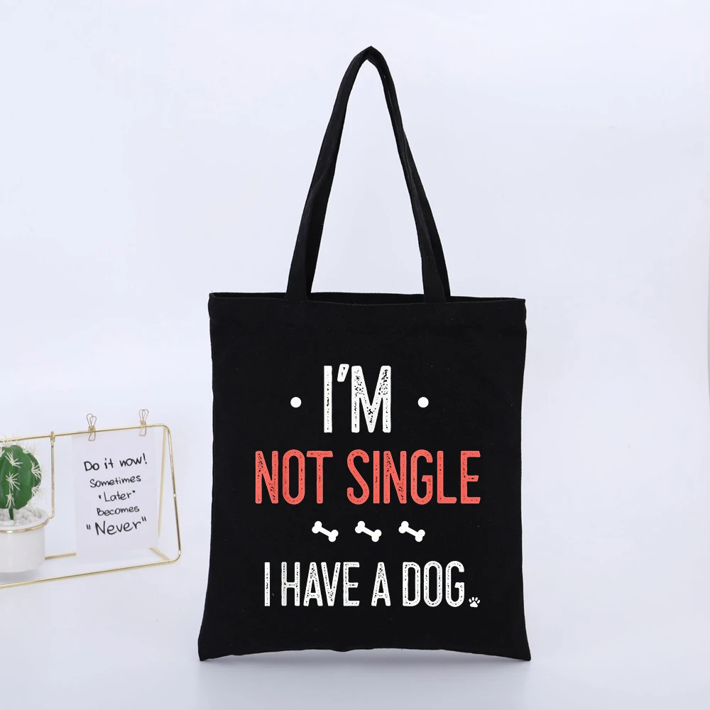 Dog Lovers' Slogan Print Black Canvas Tote Bag, Casual Style for Daily Shopping and Errands