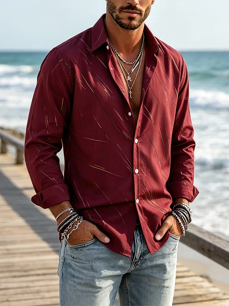 Trendy Long Sleeve Turn-down Collar Shirt Cardigan Mens 2026 Autumn Gold Foil Printed Daily Outdoor Vintage Tops For Men
