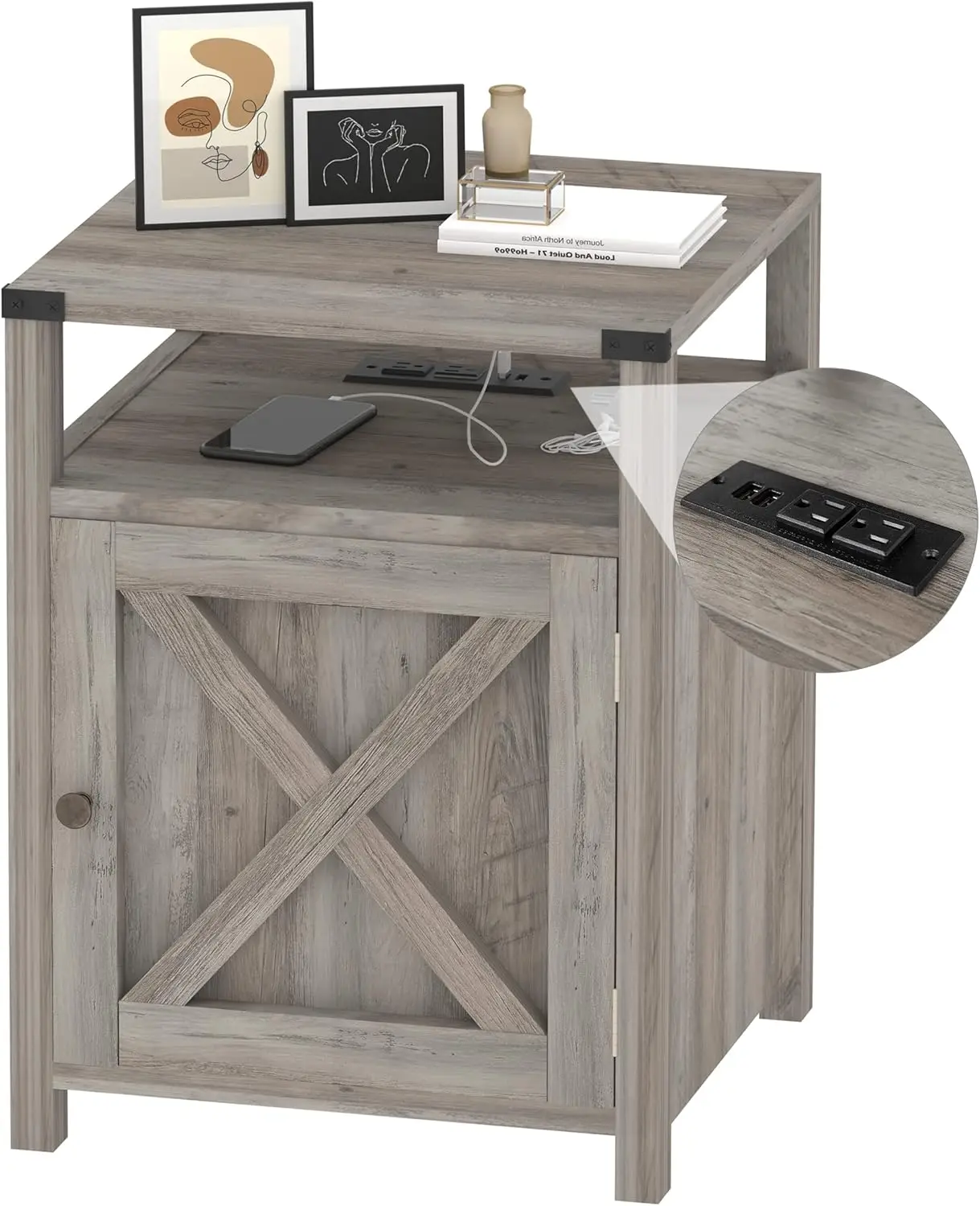 

Farmhouse Nightstand with Charging Station, Rustic Grey Bedside Table with Storage & USB Ports