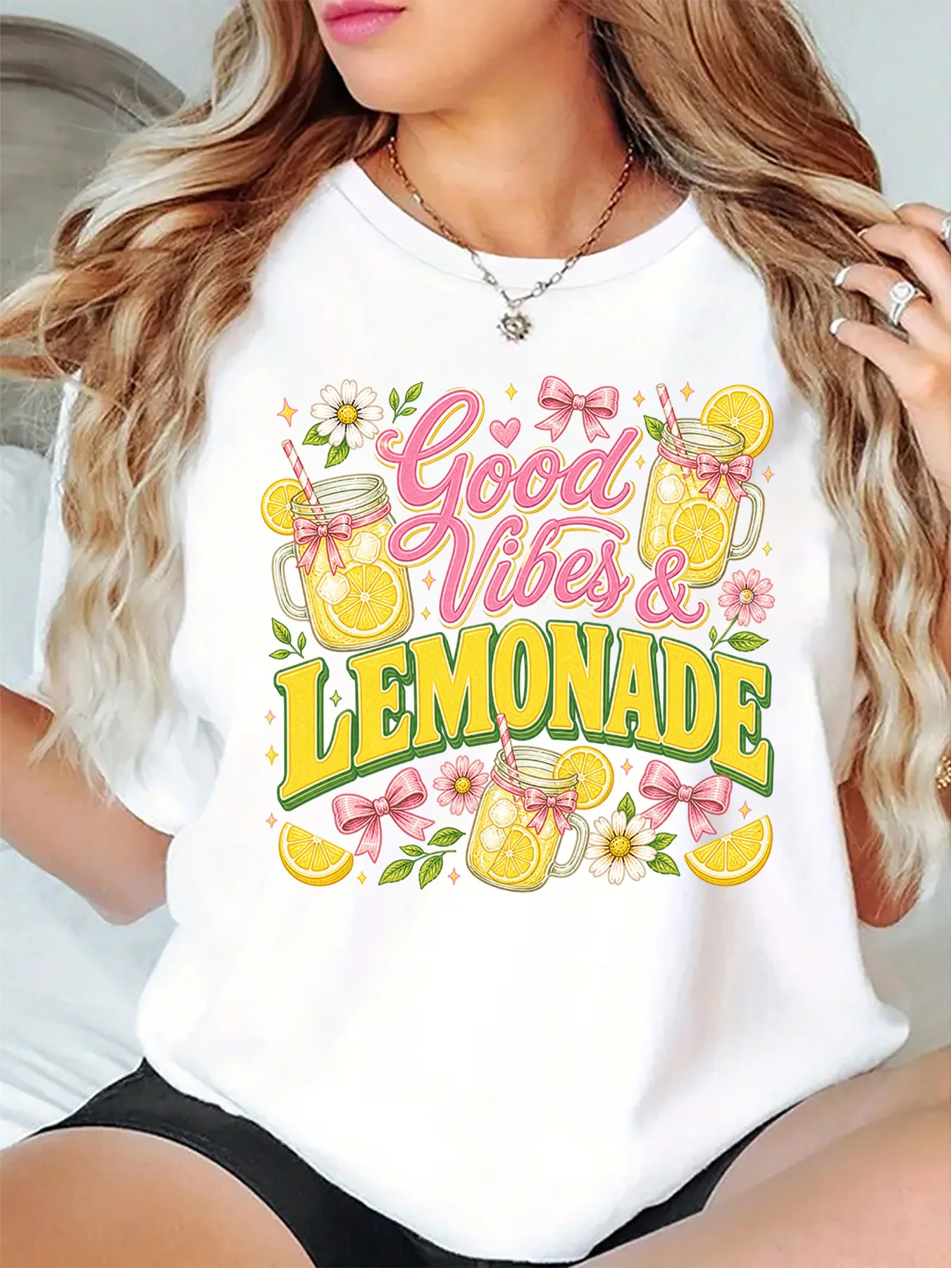 Womens O Neck Short Sleeve T Shirt Good Vibes And Lemonade Summer Lemon Daisy Bow Retro Slogan Graphic Casual Ladies Tops