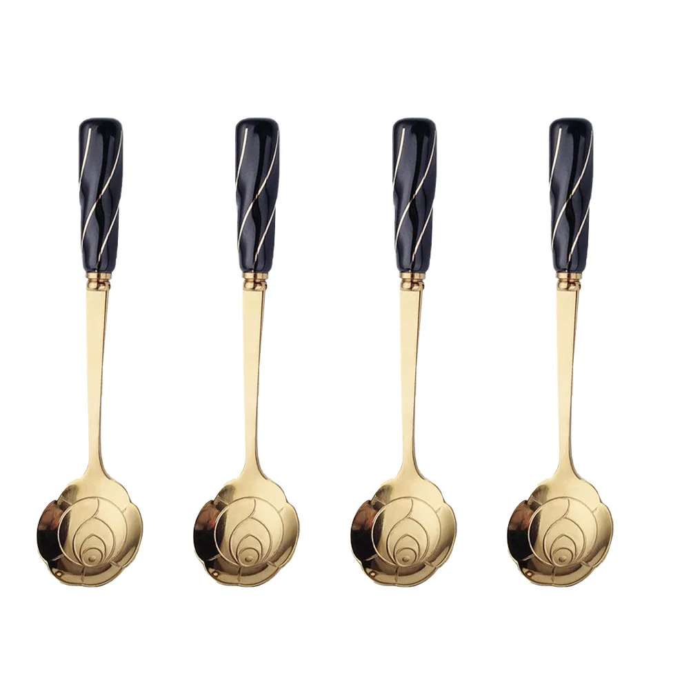 

4pcs Flower Design Coffee Spoon Ceramic Handle Stainless Steel Dessert Spoon For Ice Cream Cake Sugar Kitchen Cutlery