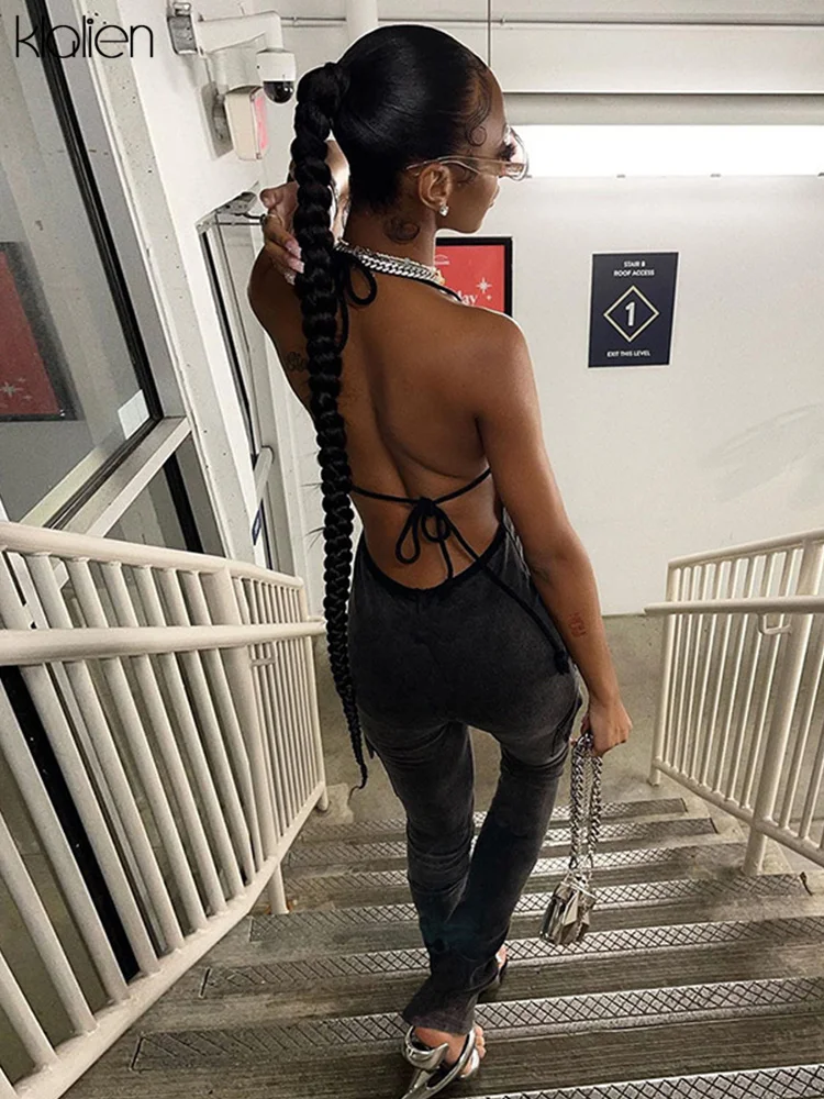 KLALIEN Halter Backless Jumpsuits ผู้หญิงเซ็กซี่ V คอ Cleavage Lace Up กระเป๋าซิป Sheath ชุด Streetwear หญิงโดยรวม